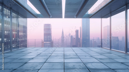 Empty open space roof with modern skyscraper building. Generative AI
