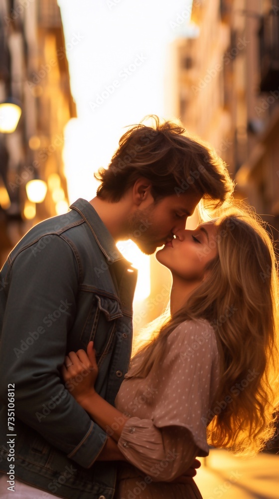 A close photo of a romantic guy who is kissing the cheek of his girlfriend in the modern urban space at the sunset in a Spain town. A couple of tourists on a date in the evening, vertical photo