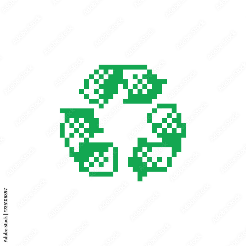 recycle symbol icon 8 bit, pixel art attention sign recycle icon for game logo. recycle symbol icon 8 bit, pixel art attention sign recycle icon for game logo.