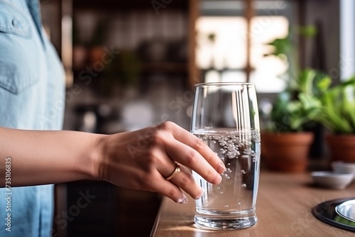 A stream of clean water drink flows into the glass. Woman holding a glass of water under running water from the tap in the kitchen.