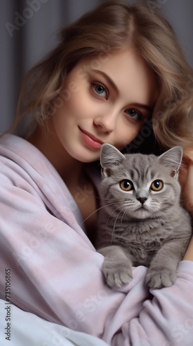  beautiful girl in pajamas holds her beloved pet in her arms. Scottish kitten in the arms of the girl. thoroughbred British cat