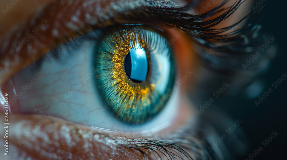 Close-Up of a beautiful Eye with Golden Hour Reflection - obrazy, fototapety, plakaty 