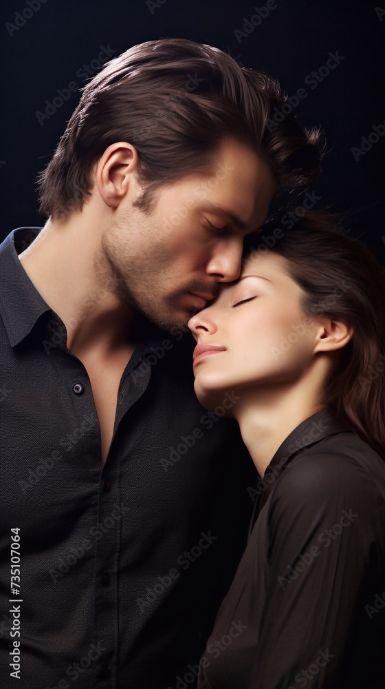 Couple with eyes closed. A woman touches a man's neck. Eliminated from your kisses.