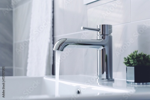 close-up of a tap or faucet in a stylish bathroom with a small indoor plant in the room, from which clean, transparent water flows