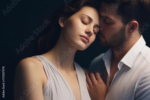 Couple with eyes closed. A woman touches a man's neck. Eliminated from your kisses.