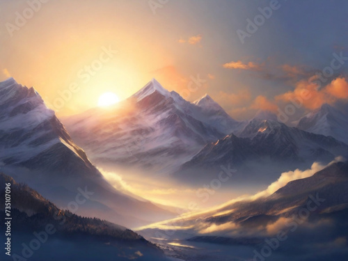 Golden sunrise over snowy mountain ridges and pine forests