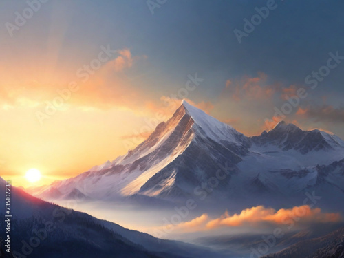 Golden sunrise over snowy mountain ridges and pine forests