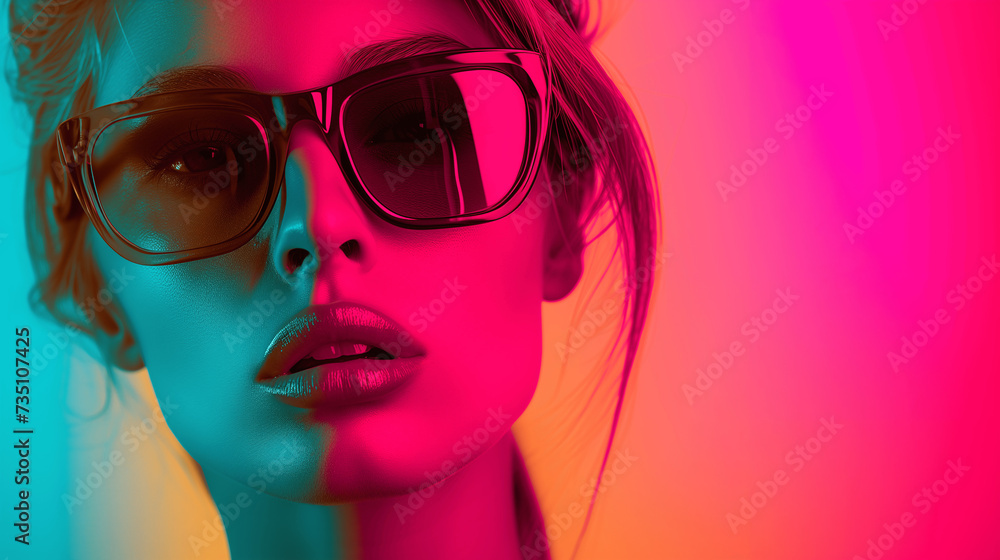 Fashionable Portrait with Neon Lights and Sunglasses Fashionable Portrait with Neon Lights and Sunglasses
