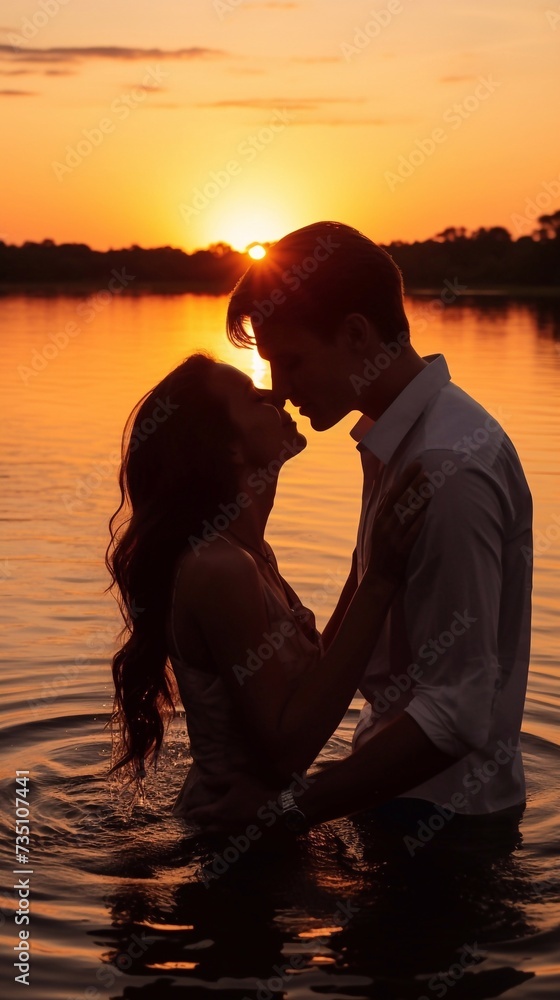 
Romantic photo session in the water. A guy and a girl swim in the lake in the evening. Beautiful sunset. A passionate kiss.