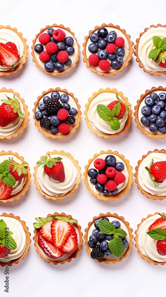 Beautiful set of delicious sweet tartlets with fresh berries on a white background, top view. Banner design, vertical photo Beautiful set of delicious sweet tartlets with fresh berries on a white background, top view. Banner design, vertical photo