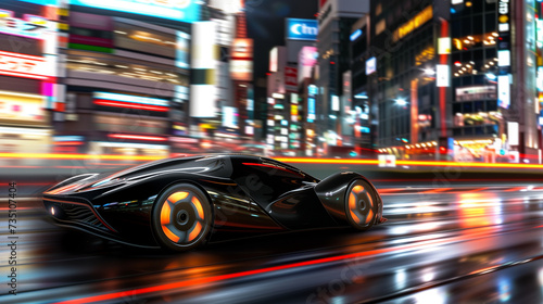 Sleek Black Concept Car Speeding Through Neon-Lit City at Night