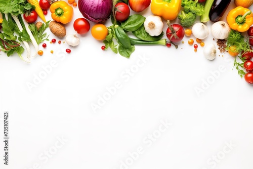 top view of ripe vegetables and herbs isolated on white photo