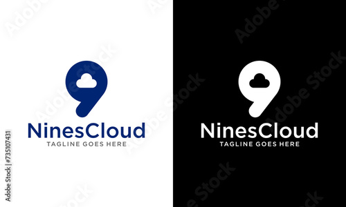 Creative Blue Vector Logo Cloud 9. Cloud Nine Illustration Of Cloud With Number Nine In It.