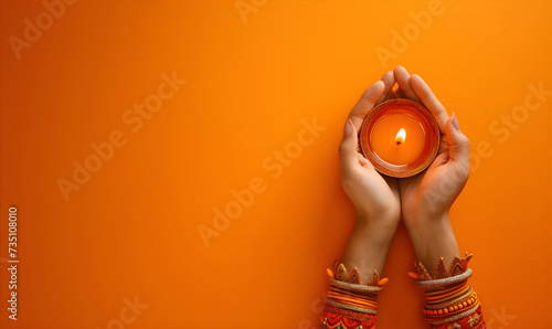 Greeting background with hands holding diya (oil lamp) on the orange background. Gudi Padwa. Ugadi festival in India. Marathi new year concept photo