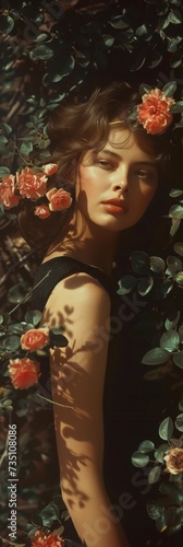 Beautiful Woman in Black Dress standing along Side Flowering Bushes in the Style of Pictorial Retro Vintage 70s Dark Crimson and Light Brown - Vintage Girl Flower created with Generative AI Technology