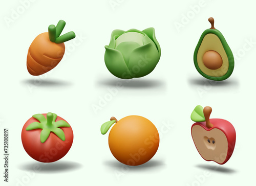 Set of realistic vegetables on fruits in plasticine style. Whole objects and halves