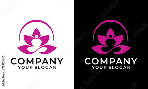 Creative yoga logo design stock. human meditation in lotus flower vector illustration in purple color