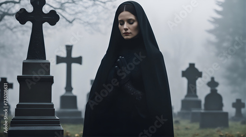 A mourning woman in black clothes prays in the cemetery. - Generative AI
