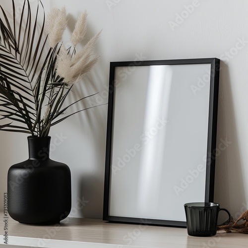 Modern picture frame in black and in 3:4, mockup ratio leaning against wall, side view. photo