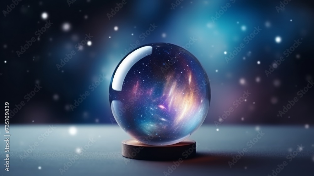 Fototapeta premium A crystal ball with a galaxy theme inside it placed against a dark starry background.