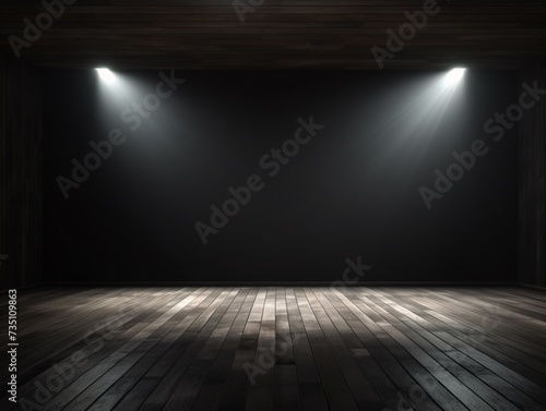 a dark room with two lights on the wall