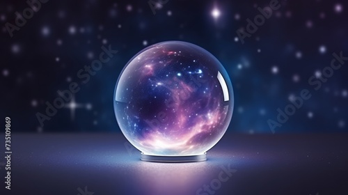 A crystal ball with a galaxy theme inside it placed against a dark starry background. photo