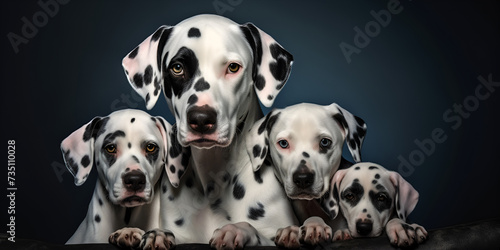 Spotted dalmatian dog mother with her puppies isolated on dark background Ai Generative