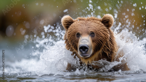 Big brown bear in a forest. Adult brown bear has caught a red salmon in a river and brings it to the shore while other bears waiting for it. Brown bear on the river fishing for salmon.