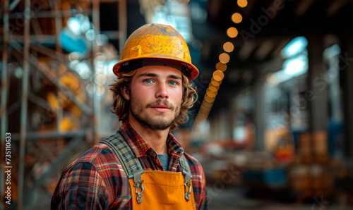 construction worker wearing a lumberjack shirt and safety helmet on a construction site in the background out of focus. © Tjeerd