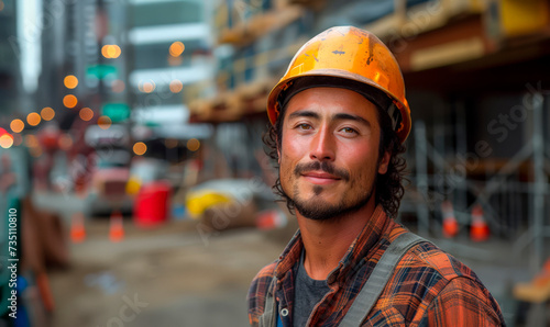 construction worker wearing a lumberjack shirt and safety helmet on a construction site in the background out of focus. photo