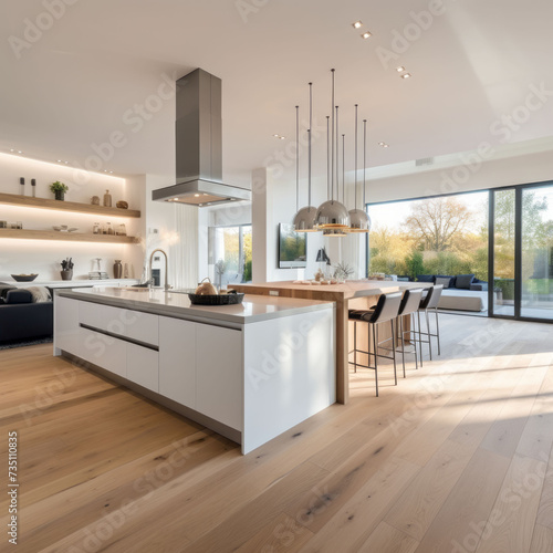 Modern luxury design kitchen room interior, dining island table with chairs