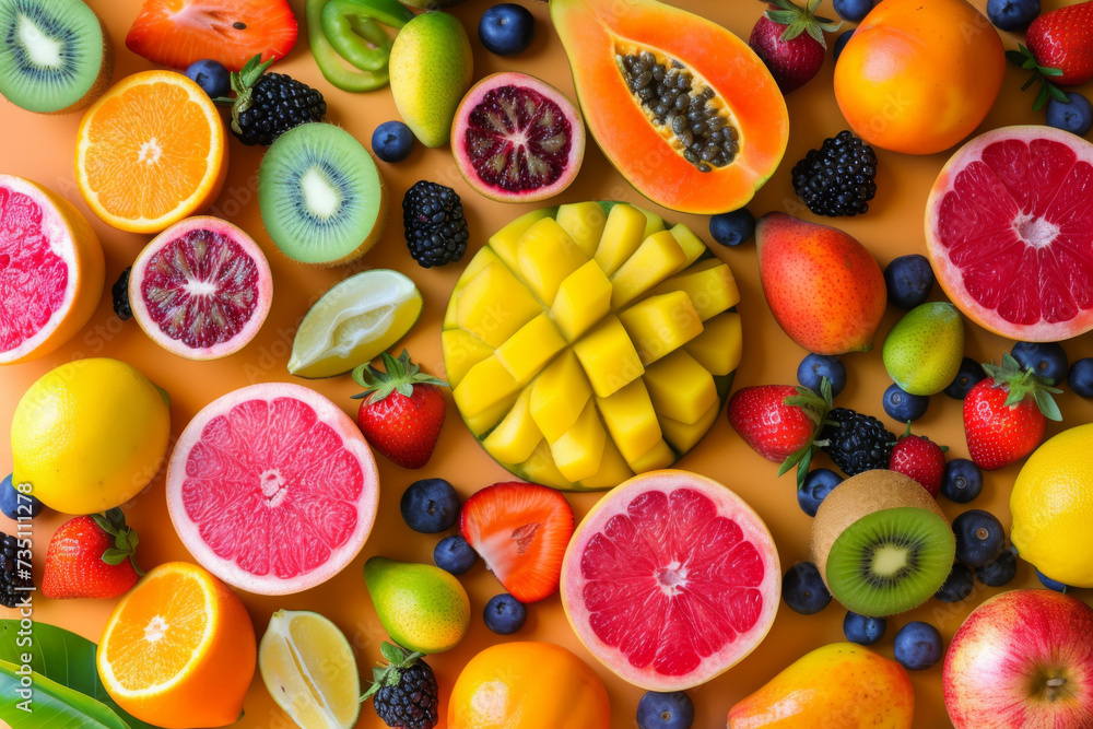 Top view of various colorful fresh fruit on a table. Healthy assorted food, Healthy lifestyle. Natural juicy Fruit background. Top view of various colorful fresh fruit on a table. Healthy assorted food, Healthy lifestyle. Natural juicy Fruit background.