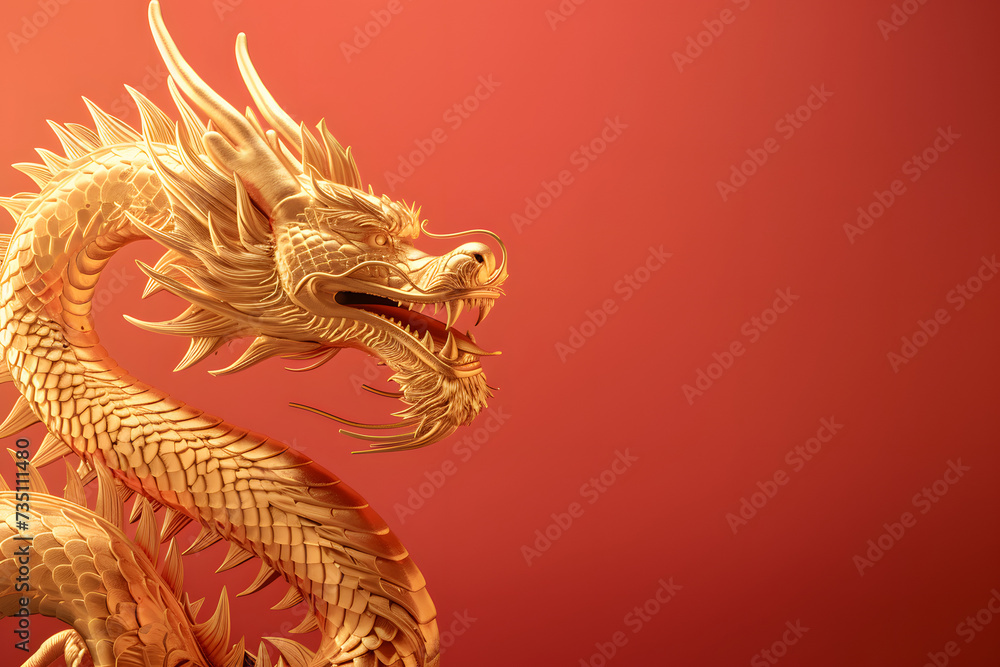 Fototapeta premium golden chinese dragon on red color background