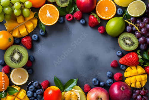 Top view of various colorful fresh fruit on a table. Healthy assorted food, Healthy lifestyle. Natural juicy Fruit background. © TANATPON