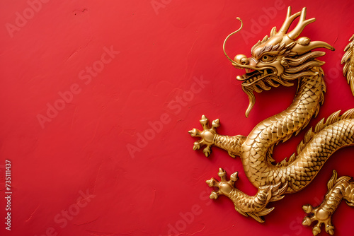 golden chinese dragon on red color background