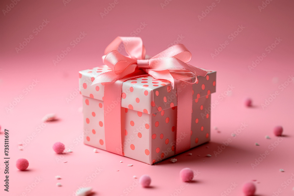 gift or present box on a pale pink background, decorated with a bow and ribbon, creating a romantic atmosphere. Festive concept.