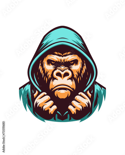 Angry gorilla wearing hoodie ready to fight, retro vintage color, white background, logo, emblem, t shirt, artwork hand drawn illustration