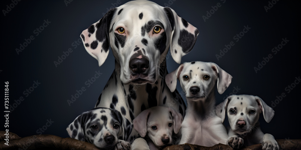 Spotted dog mother with her puppies with isolated on dark background a spotted dog mother with sitting cute her puppies Ai Generative