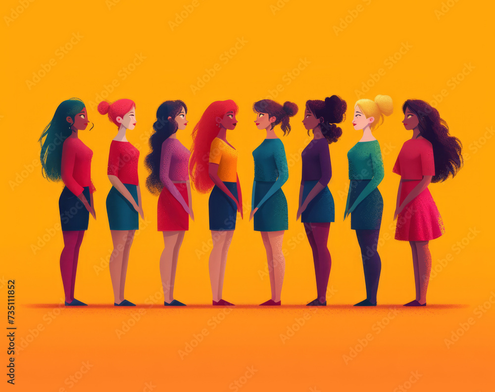 Fototapeta premium Diversity, freedom and equality with a group of woman together in a crowd or illustration as a poster. Peace, community or human rights with an image of different people and women on a color backdrop