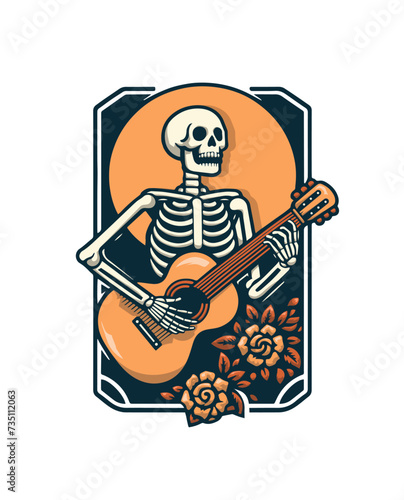 Cute skeleton playing guitar, vintage retro color, white background, logo, emblem, t shirt design, artwork hand drawn illustration