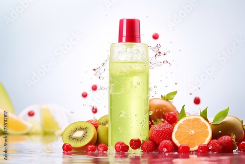 Delicious Fruit Shampoo with drops on the background