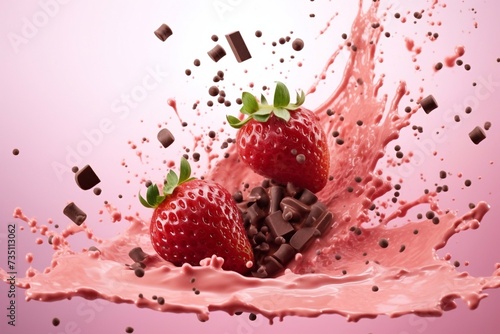 Delicious refreshing strawberry with chocolate drops on the background of flying objects
