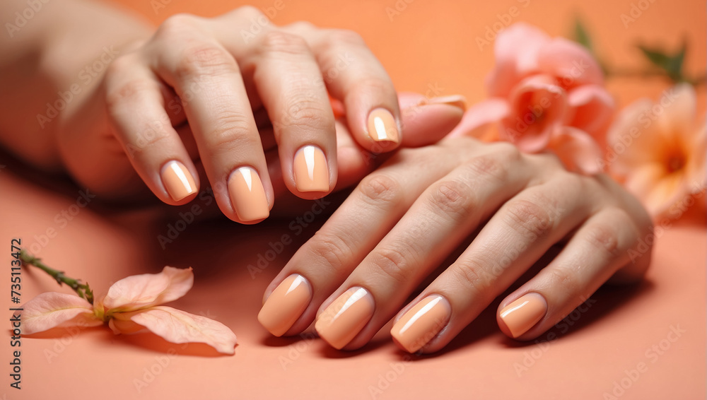 Naklejka premium Women's hands with a beautiful peach manicure