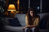 Beautiful woman suffering an anxiety attack alone in the night on a couch at home