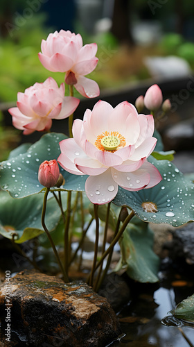 Pink lotus flowers with raindrops on their petals are gently resting above the water  surrounded by large green leaves in a serene pond setting