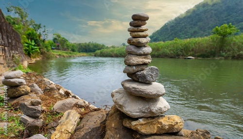 Riverside Serenity: Stacked Oval Stones by the Riverbank