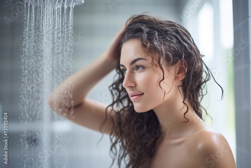 Woman washes hair with shampoo and shower in bathroom, self care