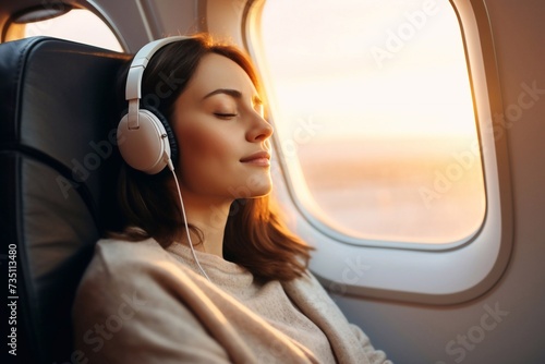 Very beautiful woman with travel pillow resting while listening to music in airplane during flight © Ирина Курмаева
