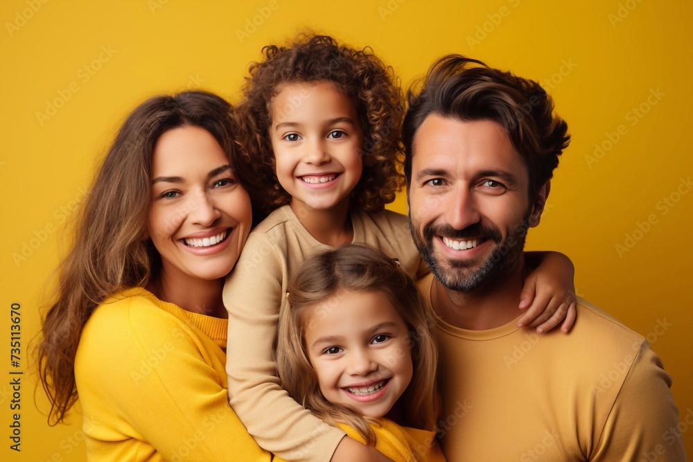 Young happy parents mom dad with child kid daughter teen girl wear basic t-shirts giving piggyback to daughter isolated on yellow background studio portrait. Family day parenthood childhood concept