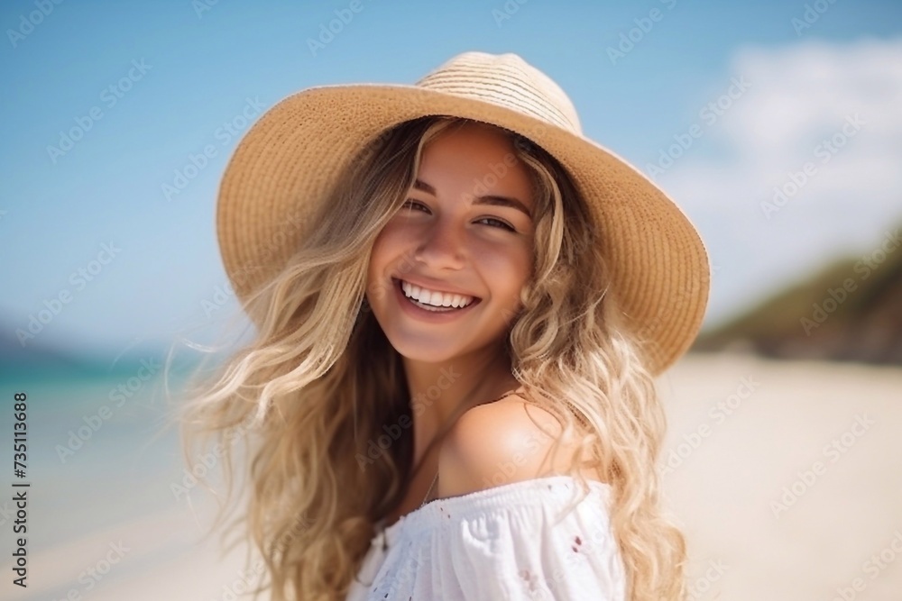 Beautiful young smiling blonde on vacation enjoying the sea breeze in a straw hat and looking at the camera